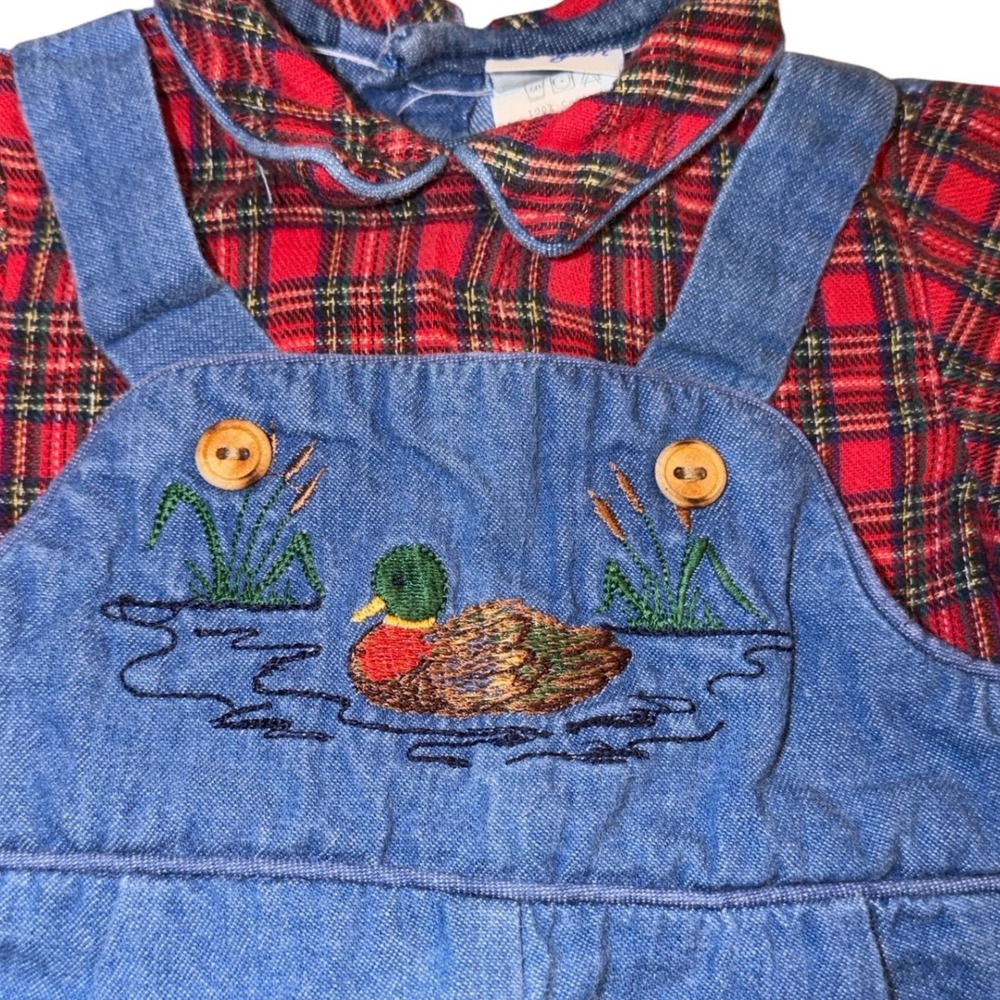 90s Bryan Baby Romper 3-6M Denim Plaid Mallard Duck Embroidered Country Hunter
